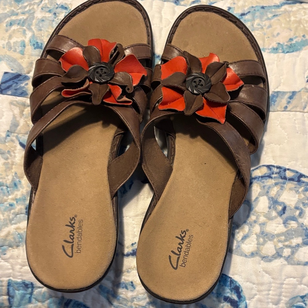 Clarks Women's Sandals with Brown and Red Floral Accents